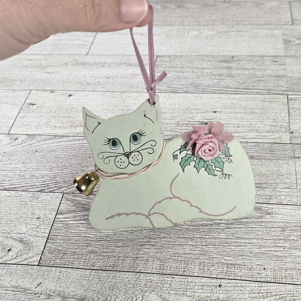 1988 Holly Adler Cat w Bell  Painted Wood Ornaments - Holly Adler Artist